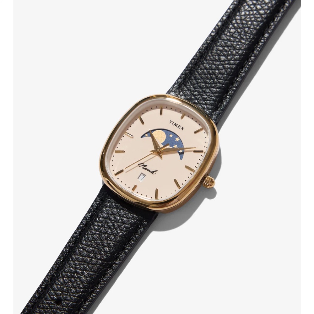 Noah X Timex Moon Phase Watch. Gold Watch, Black Leather Strap. Date Window - Picture 2 of 6